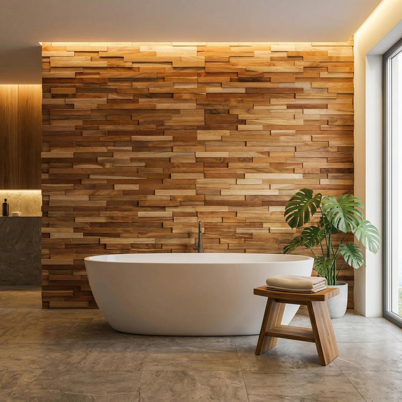 Bare Decor EZ-Wall 3D Mosaic Tile in Solid Teak Wood, Set of 10 Natural Finish Tiles - Image 4